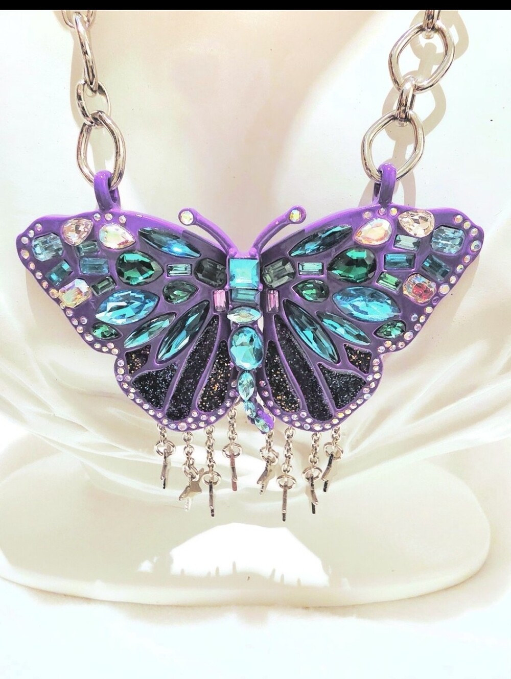Silver Chain Purple Multicolor Crystal Purple Butterfly Star Necklace - Picture 7 of 14